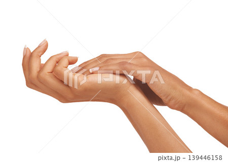 Woman, hands and palm in studio with skincare for cosmetics, manicure or nail treatment for wellness. Person, fingers or mock up space for cosmetology, moisturiser and smooth skin on white background Woman, hands and palm in studio with skincare for cosmetics, manicure or nail treatment for wellness. Person, fingers or mock up space for cosmetology, moisturiser and smooth skin on white background 139446158