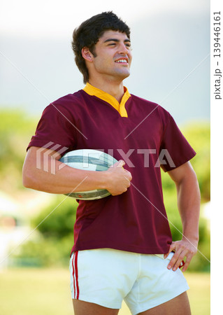 Rugby, sports and athlete and man on field for training, health and stadium practice. Challenge, competition and performance with male person in outdoor pitch for exercise, games and workout Rugby, sports and athlete and man on field for training, health and stadium practice. Challenge, competition and performance with male person in outdoor pitch for exercise, games and workout 139446161