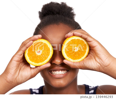 Smile, child and fruit with girl and orange in studio for nutrition, wellness and diet. Food, self care and vitamin c with face of African person on white background for fiber, citrus and detox Smile, child and fruit with girl and orange in studio for nutrition, wellness and diet. Food, self care and vitamin c with face of African person on white background for fiber, citrus and detox 139446293