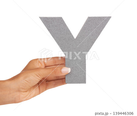 Hands, alphabet and capital letter Y in studio isolated on a white background mockup. Person, font and closeup of sign for typo, communication or learning language, character or show uppercase icon 139446306