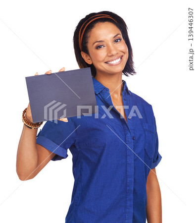 Studio portrait, happy woman and mockup placard for sales deal promo, commercial or advertising info. Sign space, billboard announcement and model notification, offer or discount on white background Studio portrait, happy woman and mockup placard for sales deal promo, commercial or advertising info. Sign space, billboard announcement and model notification, offer or discount on white background 139446307