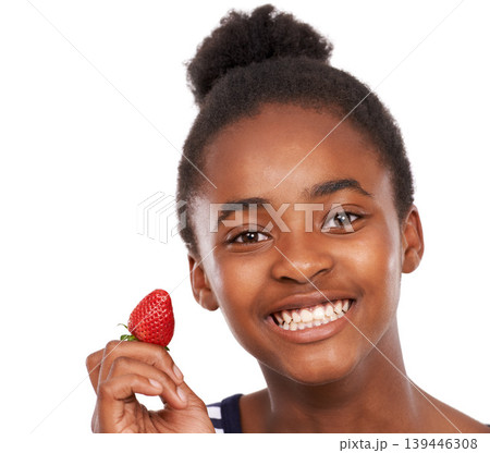 Nutrition, health and portrait of girl and strawberry in studio for smile, wellness and diet. Food, self care and vitamin c with face of African teenage child and fruit on white background for mockup Nutrition, health and portrait of girl and strawberry in studio for smile, wellness and diet. Food, self care and vitamin c with face of African teenage child and fruit on white background for mockup 139446308