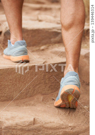 Closeup, legs and person hiking steps in nature for fitness, workout and exercise training for wellness, health or sports. Zoom, feet or hiker muscles walking or climbing stairs in environment cardio Closeup, legs and person hiking steps in nature for fitness, workout and exercise training for wellness, health or sports. Zoom, feet or hiker muscles walking or climbing stairs in environment cardio 139446314