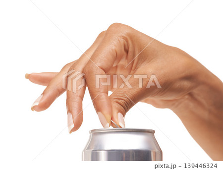 Hands, woman and open metal of cold drink, soda and fizzy cola product in studio on white background. Closeup, silver can and pull ring tab of tin container for liquid, alcohol and beer in packaging Hands, woman and open metal of cold drink, soda and fizzy cola product in studio on white background. Closeup, silver can and pull ring tab of tin container for liquid, alcohol and beer in packaging 139446324