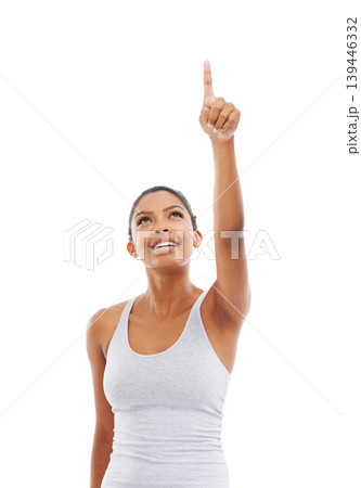 Pointing up, fitness and woman with opportunity, decision and wellness isolated on a white studio background. Person, hand gesture and model with exercise, promotion and choice with sports or workout Pointing up, fitness and woman with opportunity, decision and wellness isolated on a white studio background. Person, hand gesture and model with exercise, promotion and choice with sports or workout 139446332