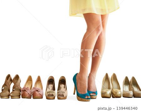 Woman, shoes and legs in studio with decision, choice and getting ready for work with mock up space. Person, feet and high heels for fashion, corporate career or choosing footwear on white background Woman, shoes and legs in studio with decision, choice and getting ready for work with mock up space. Person, feet and high heels for fashion, corporate career or choosing footwear on white background 139446340