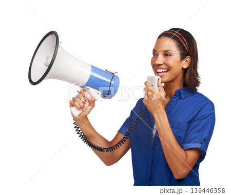 Megaphone communication, studio smile and woman broadcast speech on promotion, sales news or discount deal. Commercial announcement, notification sound and happy speaker talking on white background Megaphone communication, studio smile and woman broadcast speech on promotion, sales news or discount deal. Commercial announcement, notification sound and happy speaker talking on white background 139446358