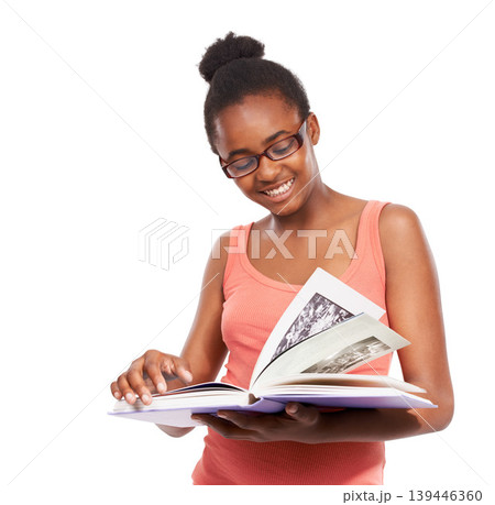 Thinking, black girl and kid with a picture book, smile and knowledge isolated on a white studio background. African person, child and model with information, hobby and activity with student and info 139446360