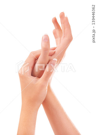 Skincare touch, nails and hands closeup in studio isolated on a white background. Fingers, manicure and palm of woman in spa treatment, natural cosmetics or dermatology, beauty health and wellness 139446362