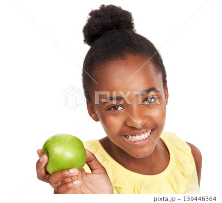 Food, health and portrait of girl and apple in studio for nutrition, wellness and diet. Smile, self care and vitamin c with face of African student and fruit on white background for fiber mockup 139446364