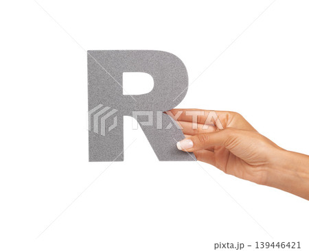 Woman, hand and letter R or alphabet in studio for advertising, learning and teaching presentation. Sign, font and character for abc, text or communication and grammar or symbol on white background Woman, hand and letter R or alphabet in studio for advertising, learning and teaching presentation. Sign, font and character for abc, text or communication and grammar or symbol on white background 139446421