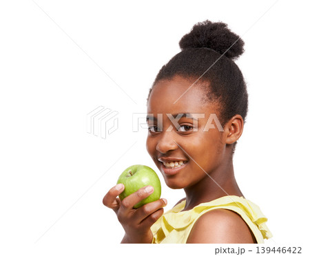 Space, health and portrait of girl and apple in studio for nutrition, wellness and diet. Food, self care and vitamin c with face of African student and fruit on white background for fiber mockup Space, health and portrait of girl and apple in studio for nutrition, wellness and diet. Food, self care and vitamin c with face of African student and fruit on white background for fiber mockup 139446422