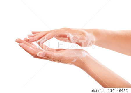 Sanitary, soap and closeup of washing hands in studio for hygiene, wellness or self care. Cosmetic, foam and zoom of person or model clean skin to prevent germs, bacteria or dirt by white background. Sanitary, soap and closeup of washing hands in studio for hygiene, wellness or self care. Cosmetic, foam and zoom of person or model clean skin to prevent germs, bacteria or dirt by white background. 139446423