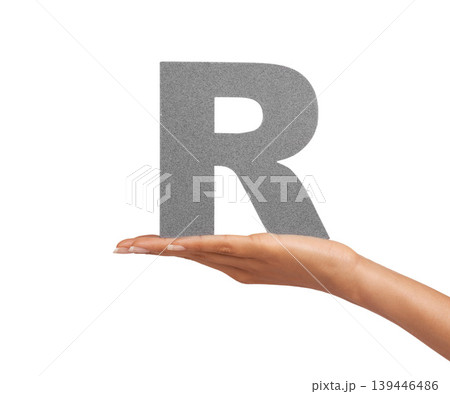 Woman, hand and letter or alphabet in studio for advertising, learning or teaching presentation. Sign, font or character for marketing, text or communication and grammar or symbol on white background 139446486