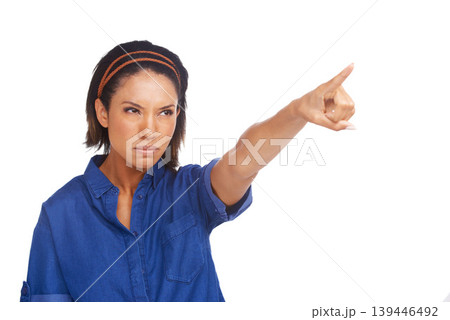 Woman, pointing and angry in studio or white background for frustrated protest, judge fail or mockup space. Female person, model and hand gesture for unhappy glare or bad news, opinion or upset blame Woman, pointing and angry in studio or white background for frustrated protest, judge fail or mockup space. Female person, model and hand gesture for unhappy glare or bad news, opinion or upset blame 139446492