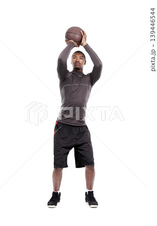 Man, basketball player and shooting for exercise, training and serious on white background, concentration or game. Studio, young and sportsman for fitness, health and african active athlete Man, basketball player and shooting for exercise, training and serious on white background, concentration or game. Studio, young and sportsman for fitness, health and african active athlete 139446544
