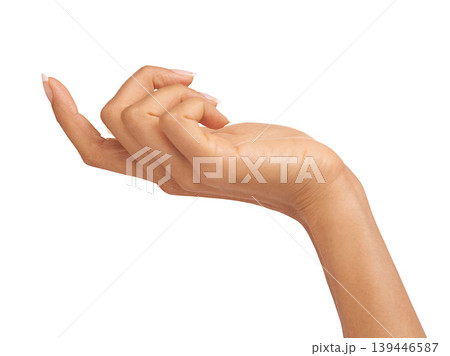 Woman, hand and wrist in studio with manicure for cosmetics, skincare or nail treatment for wellness. Person, fingers or mock up space for cosmetology, moisturiser and smooth skin on white background 139446587