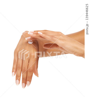 Woman, hands or cream in studio with skincare for cosmetics, manicure or nail treatment for wellness. Person, fingers or mock up space for cosmetology, moisturiser and smooth skin on white background Woman, hands or cream in studio with skincare for cosmetics, manicure or nail treatment for wellness. Person, fingers or mock up space for cosmetology, moisturiser and smooth skin on white background 139446625