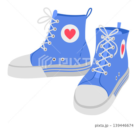 Blue denim sneakers pair. Casual jeans fabric shoes flat vector illustration. Casual footwear isolated on white background 139446674