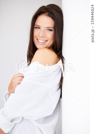 Woman, portrait and happy or makeup with fashion, edgy style and trendy outfit for aesthetic or shirt. Person, smile and face or pride with beauty, relaxing or calm expression with wall background Woman, portrait and happy or makeup with fashion, edgy style and trendy outfit for aesthetic or shirt. Person, smile and face or pride with beauty, relaxing or calm expression with wall background 139446824