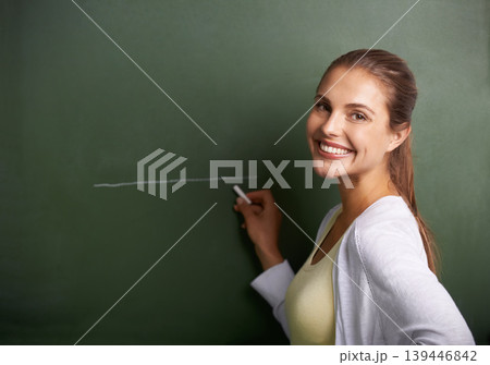 Woman, teacher portrait and drawing on chalkboard for education, learning information and teaching. Face of a young professor, lecturer or class educator writing a line on board for school knowledge 139446842