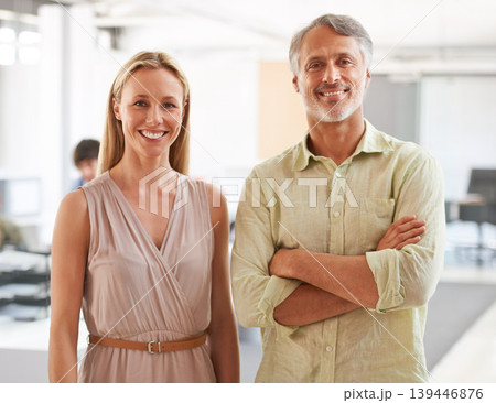 Business people, portrait and man with woman, cooperation and happy with teamwork, collaboration and joy. Staff, manager or employees with smile, partnership and workplace with management and startup 139446876