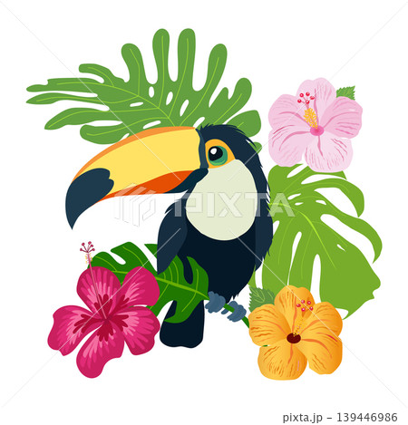 Bright tropical toucan among hibiscus flowers and monstera leaves Bright tropical toucan among hibiscus flowers and monstera leaves 139446986