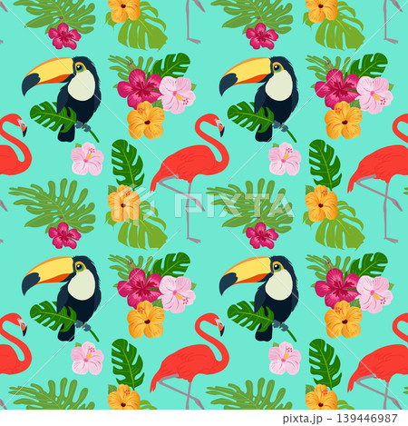 Tropical seamless pattern with toucan, flamingo, hibiscus flowers and monstera leaves Tropical seamless pattern with toucan, flamingo, hibiscus flowers and monstera leaves 139446987