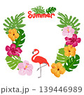Summer vector frame with flamingo, hibiscus flowers and monstera leaves on white background 139446989