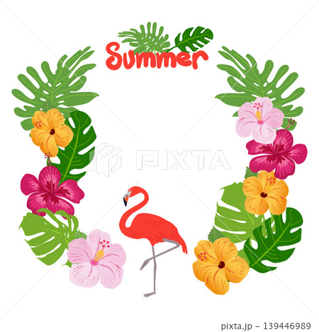 Summer vector frame with flamingo, hibiscus flowers and monstera leaves on white background 139446989