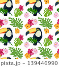 Tropical seamless pattern with toucans, hibiscus flowers and monstera leaves on a white background 139446990