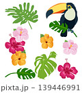 Tropical toucan with hibiscus flowers and monstera leaves isolated on light background 139446991