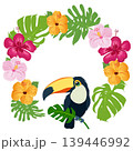 Tropical floral frame with toucan, hibiscus flowers and monstera leaves on light background 139446992