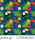 Bright tropical seamless pattern with flamingos, toucans, hibiscus flowers and monstera leaves on a blue background 139446993