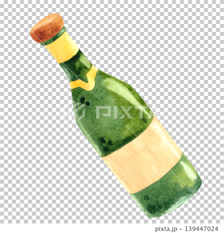 Green glass bottle of champagne, isolated watercolor illustration. Hand drawn drink in green and yellow colors with a brown cork. Cocktail for cafe bar menus, party invitations, wedding cards 139447024
