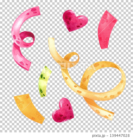 Festive ribbons and confetti, isolated watercolor set. Hand painted fireworks. Festive decoration for cards, party invitations, and birthdays. Festive ribbons and confetti, isolated watercolor set. Hand painted fireworks. Festive decoration for cards, party invitations, and birthdays. 139447028