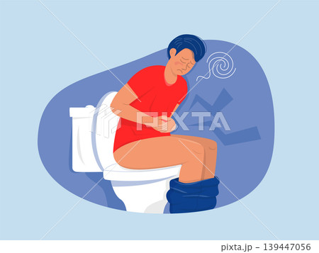 man poops sitting on toilet and suffers,clutching her stomach in pain, and feeling dizzy, illustrating symptoms of constipation or diarrhea.vector man poops sitting on toilet and suffers,clutching her stomach in pain, and feeling dizzy, illustrating symptoms of constipation or diarrhea.vector 139447056