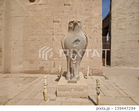 Horus falcon god ancient statue at edfu temple in egypt 139447294