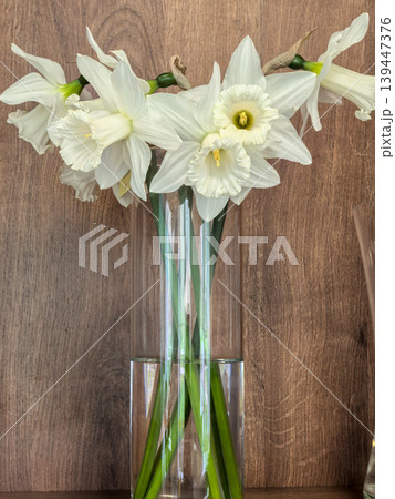 White Narcissus Beersheba Daffodils Bouquet in Glass Vase on Wood White Narcissus Beersheba Daffodils Bouquet in Glass Vase on Wood 139447376