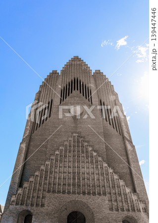 Grundtvig Church minimalist architecture with geometric symmetry and iconic brick design in Copenhagen Denmark. 139447446