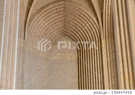 Geometric brick vaults and arches inside Scandinavian church architecture. Geometric brick vaults and arches inside Scandinavian church architecture. 139447459