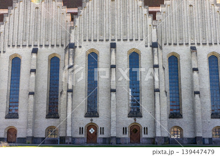 Grundtvig Church minimalist architecture with geometric symmetry and iconic brick design in Copenhagen Denmark. Grundtvig Church minimalist architecture with geometric symmetry and iconic brick design in Copenhagen Denmark. 139447479