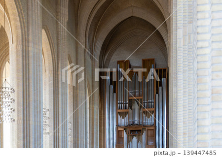 Pipe organ inside Grundtvig Church in Copenhagen Denmark. 139447485