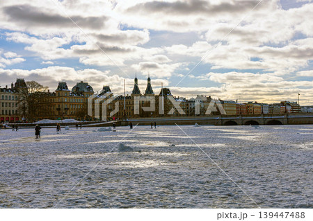 People walking on frozen lake at sunset in Copenhagen during winter. Copenhagen, Denmark 139447488