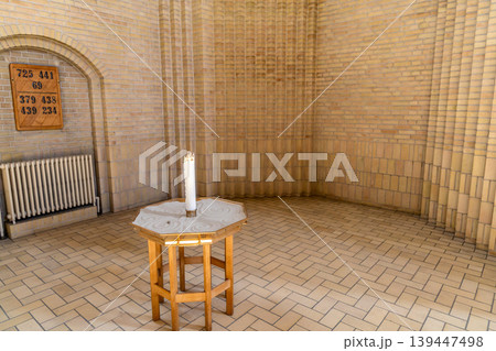 Grundtvig Church interior with candle stand and Scandinavian minimalism in Copenhagen Denmark. 139447498