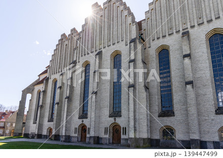 Grundtvig Church exterior with geometric architecture and Scandinavian minimalism in Copenhagen Denmark. Grundtvig Church exterior with geometric architecture and Scandinavian minimalism in Copenhagen Denmark. 139447499