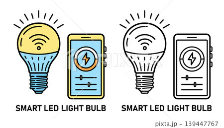 Smart LED light bulb lamp with smartphone Wi-Fi remote lighting control. Glowing glass electric lightbulb online connection mobile phone device. Intelligent home electrical illumination system. Vector Smart LED light bulb lamp with smartphone Wi-Fi remote lighting control. Glowing glass electric lightbulb online connection mobile phone device. Intelligent home electrical illumination system. Vector 139447767