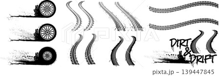 Grunge tire tracks vector set. Dirty wheel prints, skid marks and car drift elements collection isolated on white background Grunge tire tracks vector set. Dirty wheel prints, skid marks and car drift elements collection isolated on white background 139447845