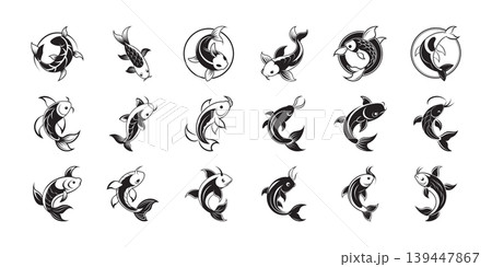 Minimalist koi fish vector illustrations set, black and white line art, Japanese style, clean design, T-shirt, sticker, logo, EPS, JPG, SVG ready Minimalist koi fish vector illustrations set, black and white line art, Japanese style, clean design, T-shirt, sticker, logo, EPS, JPG, SVG ready 139447867