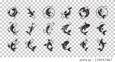 Minimalist koi fish vector illustrations set, black and white line art, Japanese style, clean design, T-shirt, sticker, logo, EPS, JPG, SVG ready Minimalist koi fish vector illustrations set, black and white line art, Japanese style, clean design, T-shirt, sticker, logo, EPS, JPG, SVG ready 139447867